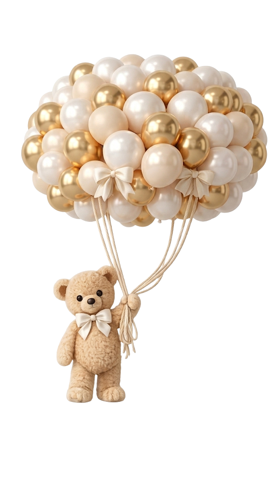Arco de globos dorados con osito de peluche